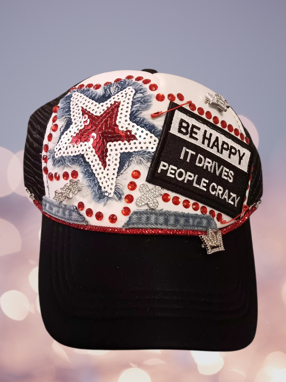 Be Happy Embellished Star Patch Cap - Red, White, Black